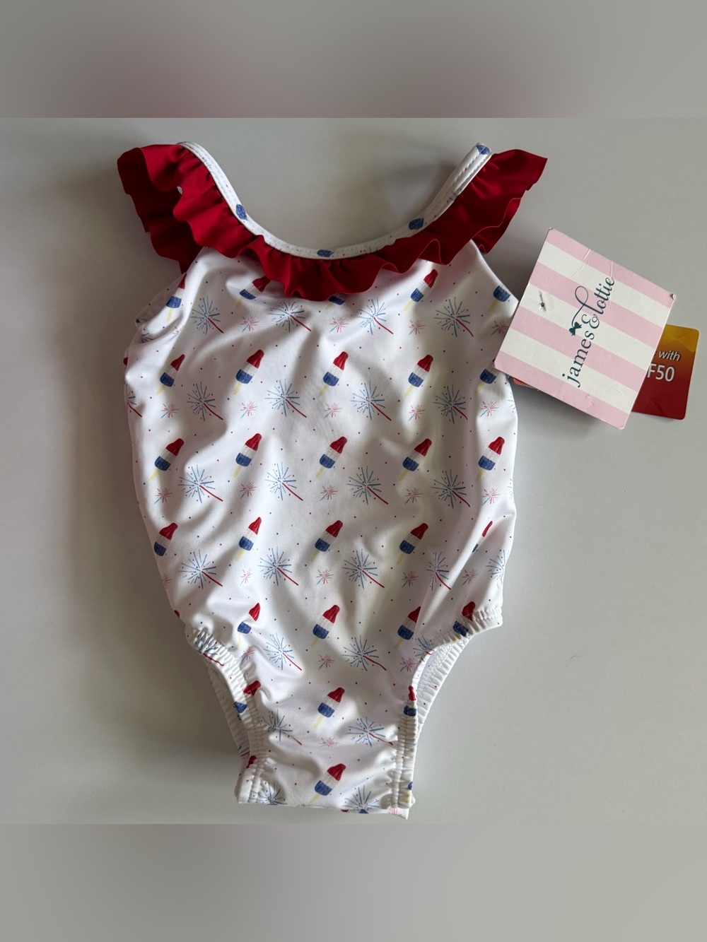 James & Lottie Red White & Blue Ruffle One-Piece Swimsuit 12m NWT